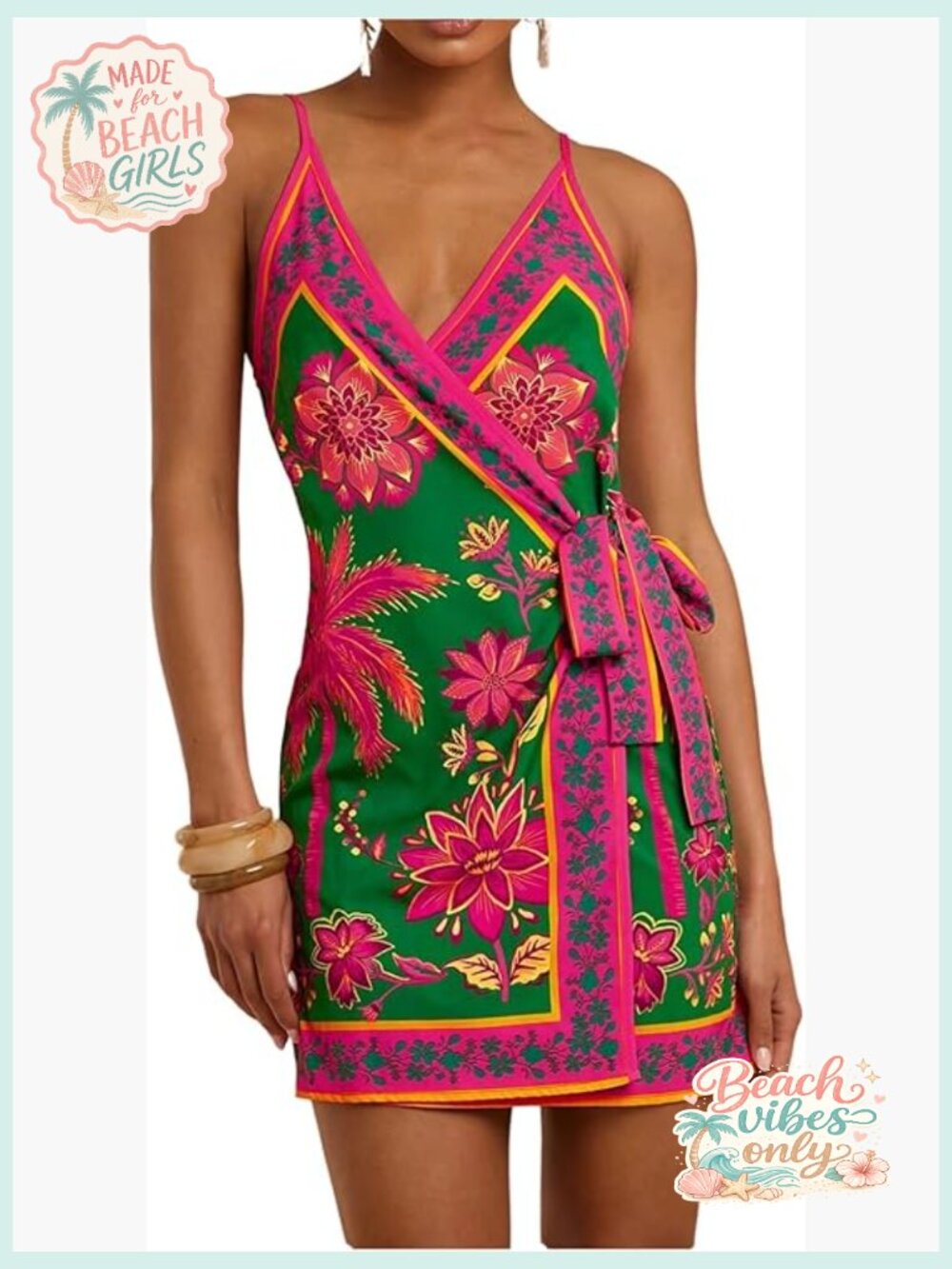 Tropical Wrap V Neck Mini Cami Dress Sleeveless Boho Summer